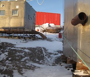 Close up of blizz line leading up through the old station, showing the rope attached to the old accomodation building