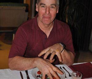 An expeditioners covering his entree with his hands