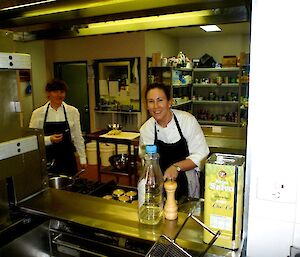 The chef and slushy in the kitchen