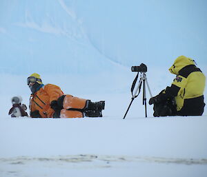 Two expeditioners and the toy koala at Auster