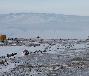 The silver Absolute Hut on the right and yellow Variometer Hut on the left with the ice sheet behind