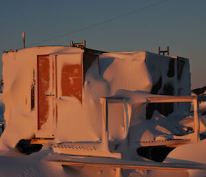 A field hut on Macey Island covered in snow on our first visit to the hut this year