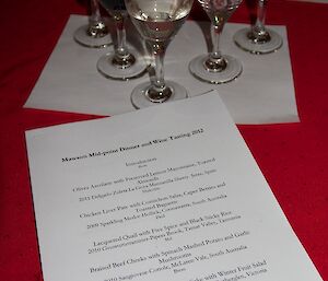 Five glasses of wine arranged for tasting with a menu lying in front of them on a dinner table