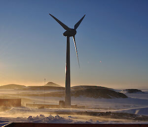 One of the Mawson wind turbines in light drifting snow