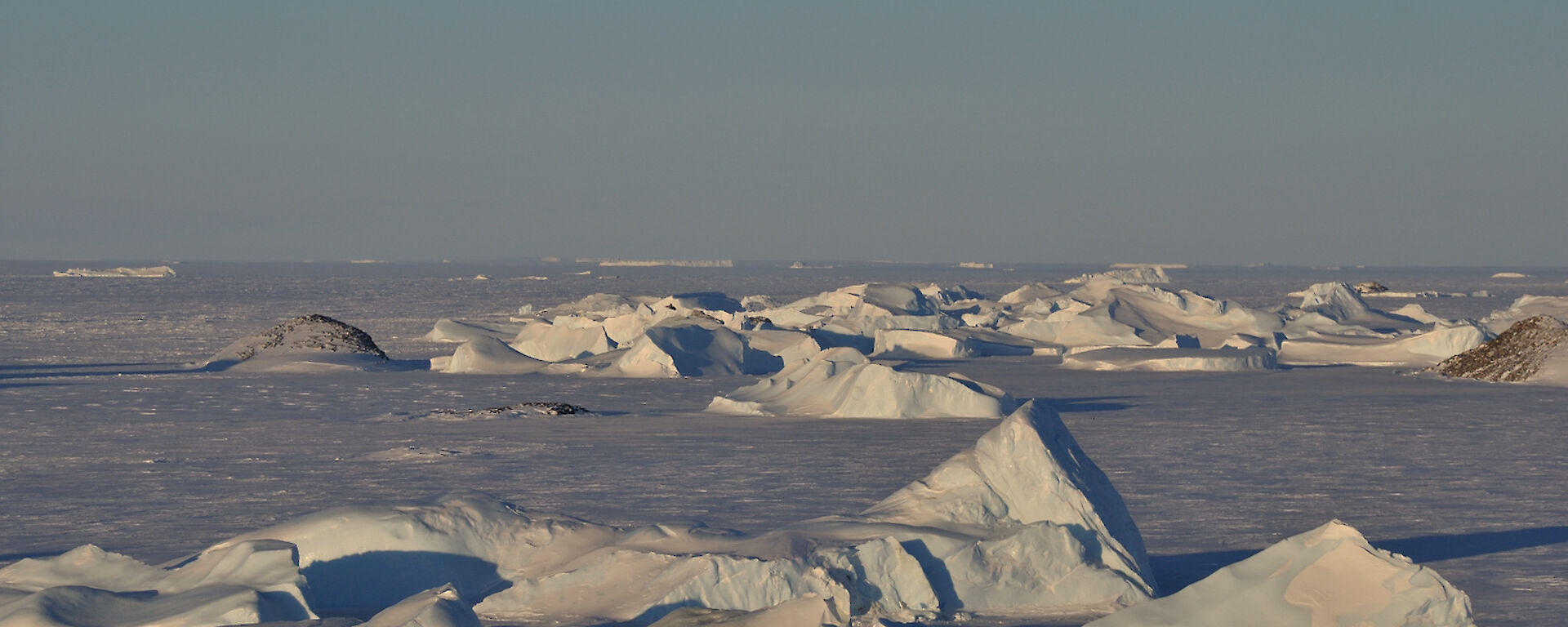 A large number of icebergs within the frozen sea-ice