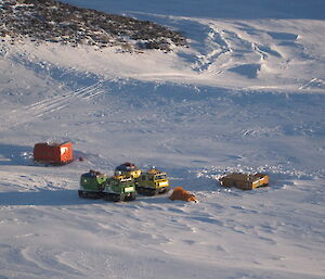 The two Hägglunds, RMIT caravan and the hut after we had dug our way in, taken from a hill to the south