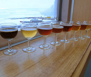 Row of glasses with different coloured liquid