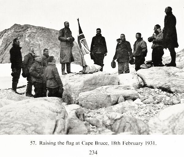 Hurley’s photo of Mawson and his men at Cape Bruce on 18th February 1931, copied from page 234 of "B.A.N.Z. Antarctic Research Expedition 1929–31, Reports-Series A, Volume 1, Geographical Report", based on the "Mawson Papers" by A Grenfell Price, Adelaide (1963).