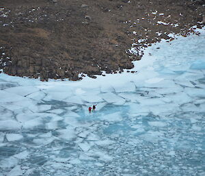 Two expeditioners on Barkell lake photographed from the summit of Chapman ridge