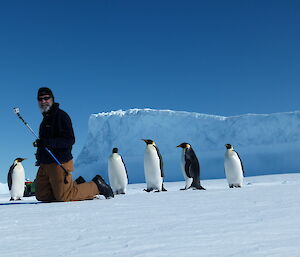 An expeditioner, his GoPro camera on a pole and a group of inquisitive non breeding adults