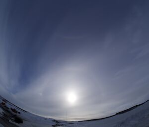 Arcs around the sun and a small sun to the left of the real sun known as a sun dog