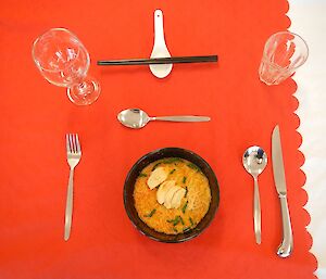 Table setting and the Chicken Laksa entree