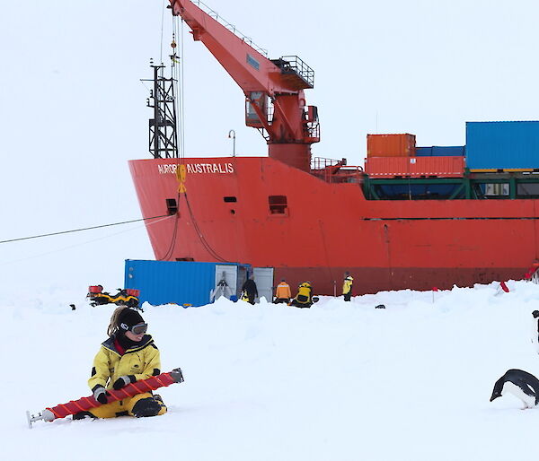 women and penguin on sea ice