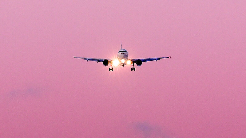 The Airbus A319 in mid air with a sunrise behind.