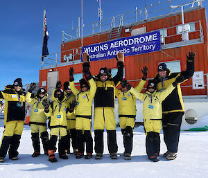 Children in front of a building in Antarctica.