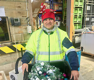 Person holding box of Christmas decorations