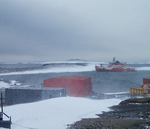 The Aurora Australis grounded in Horseshoe Harbour, from Mawson research station