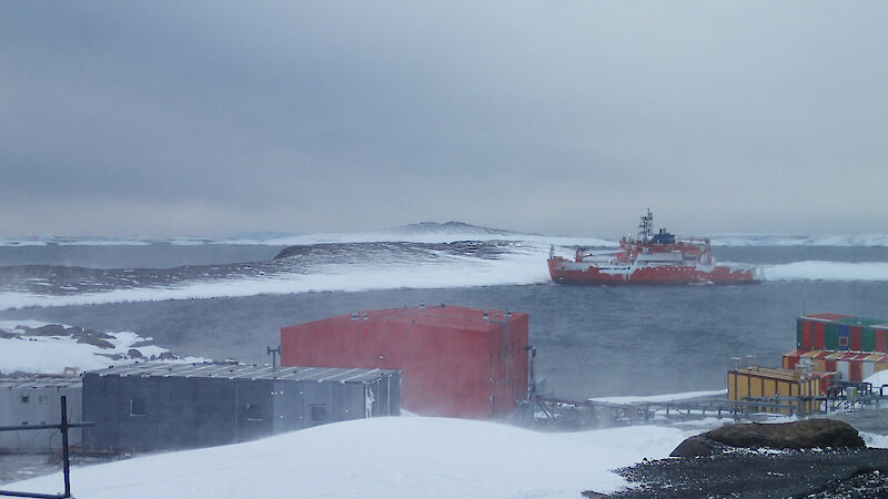 The Aurora Australis grounded in Horseshoe Harbour, from Mawson research station