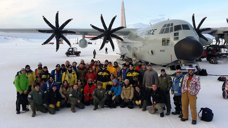 Expeditioners from Davis with an LC130 plane at McMurdo