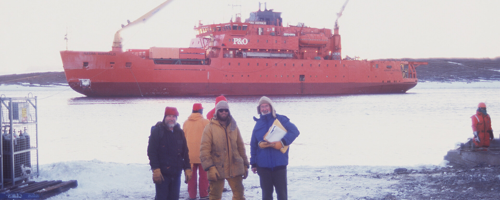 Aurora Australis at Mawson station in 1997. L-R Bob Jones, Warren Blyth and Pat Quilty
