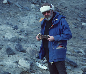 Professor Quilty at the site of a fossil dolphin discovery, Australodelphis mirus, in the Vestfold Hills, near Australia’s Davis station