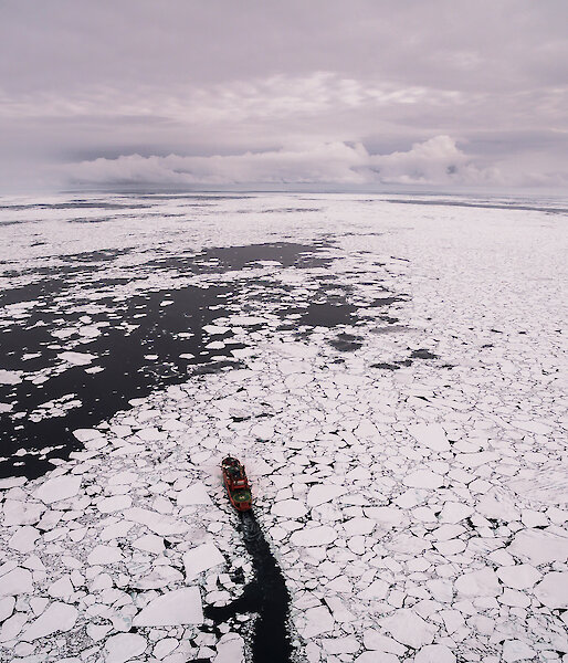 The Aurora Australis in the pack ice, as viewed from a remotely piloted aircraft, or drone.
