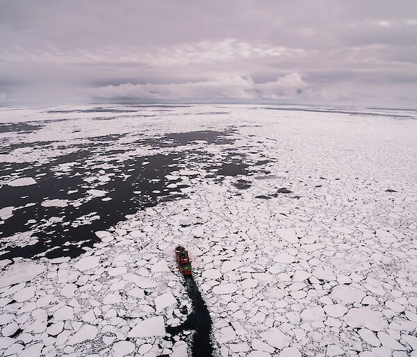 The Aurora Australis in the pack ice, as viewed from a remotely piloted aircraft, or drone.