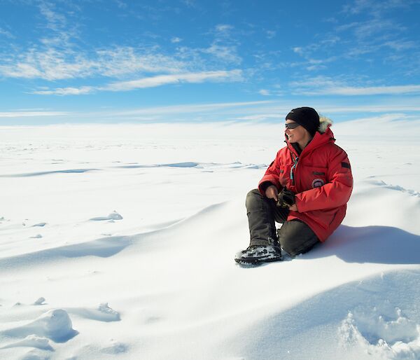 Expeditioner looking out across the Antarctic ice