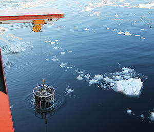 A CTD “conductivity, temperature, depth” instrument being deployed