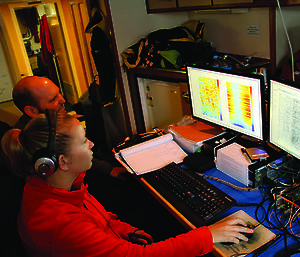 The acoustics team in the sound lab of the ship, listening for whales