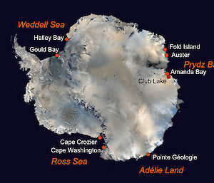 Map showing emperor penguin colony study locations