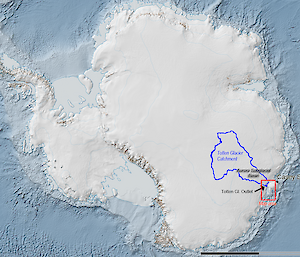 Map showing the Totten glacier and catchment area, near Australia’s Casey station in East Antarctica.