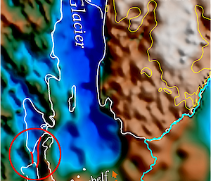 Graphic showing the ocean floor and bedrock in the Totten Glacier ice shelf region. The front of the ice shelf is indicated by the blue line and the white line indicates the grounding line, where the ice begins to float. Warm and deeper ocean waters require deep channels to access the grounding line.