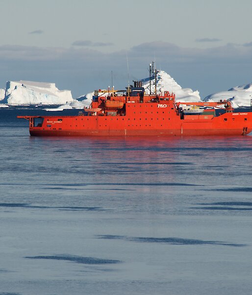 Australia’s orange icebreaker ship Aurora Australis in a sea of icebergs.