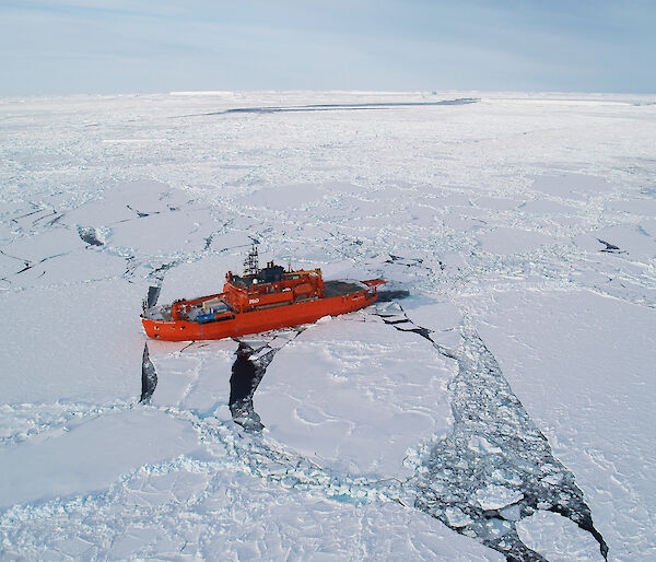 Aerial of Aurora Australis in pack ice