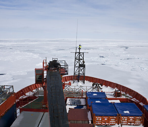 Looking over the bow of the ship Aurora Australis at the pack ice