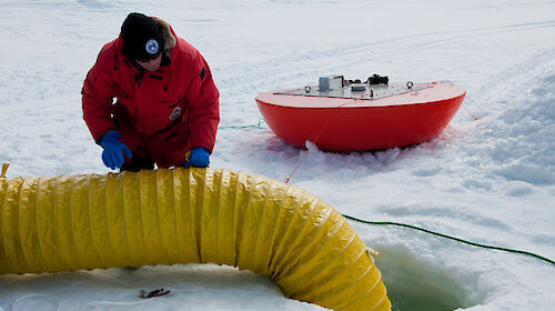 Dr Jonny Stark lowers the slinky into a semi-enclosed chamber under the ice to increase carbon dioxide concentrations as part of the antFOCE experiment into the effects of ocean acidification