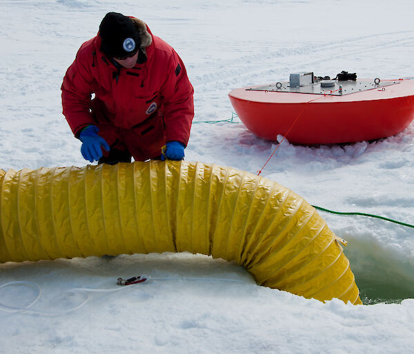 Dr Jonny Stark lowers the slinky into a semi-enclosed chamber under the ice to increase carbon dioxide concentrations as part of the antFOCE experiment into the effects of ocean acidification
