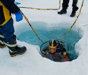 Diver entering the dive hole with assistance from researchers during the antFOCE project