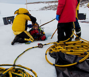 Diver emerging from the dive hole while researchers from the antFOCE project assist