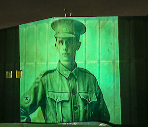 Casey expeditioners projected 20 metre high images of Anzac soldiers on the wall of the green shed