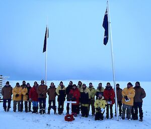 Expeditioners at Davis station after a moving Anzac Day dawn service