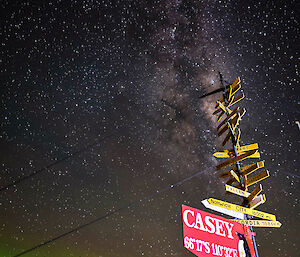 Casey signpost and Aurora australis