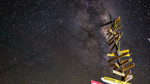 Casey signpost and Aurora australis