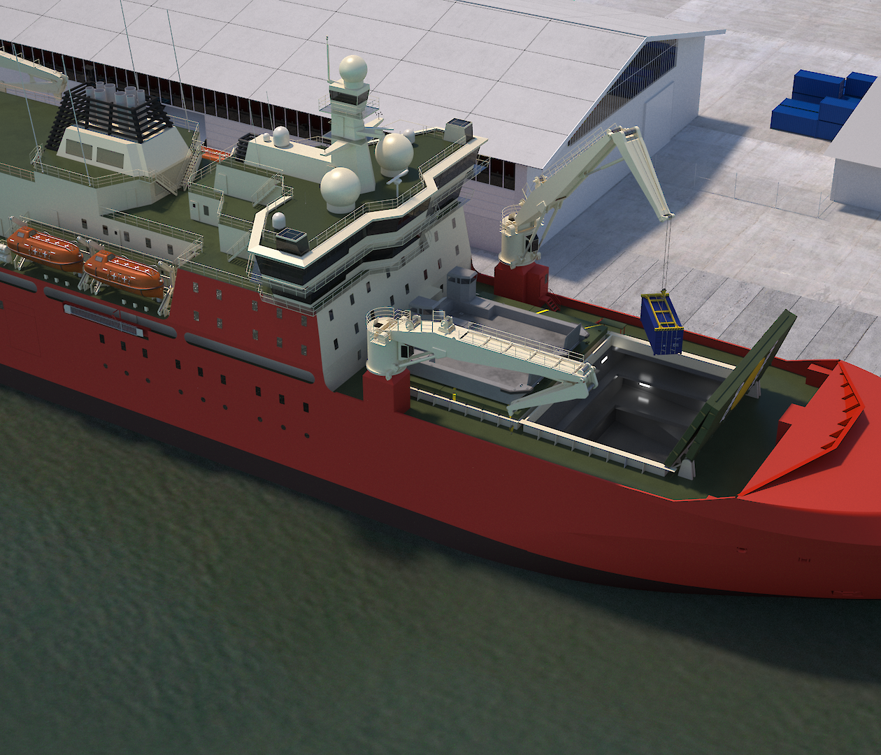 A graphic of the new icebreaker alongside the wharf