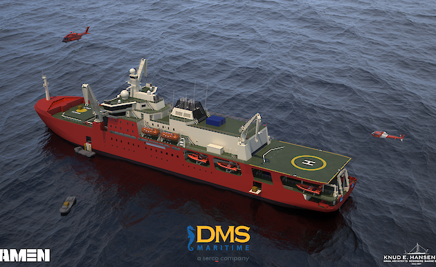 A graphic of the new icebreaker showing helicopter operations