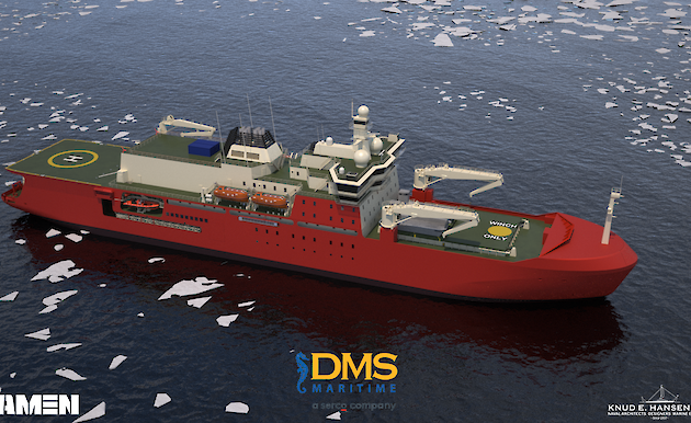 A graphic of the new icebreaker amongst the pack ice