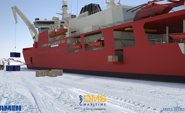 A graphic of the new icebreaker loading on the ice