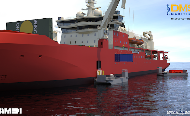 A graphic of the new icebreaker loading over water