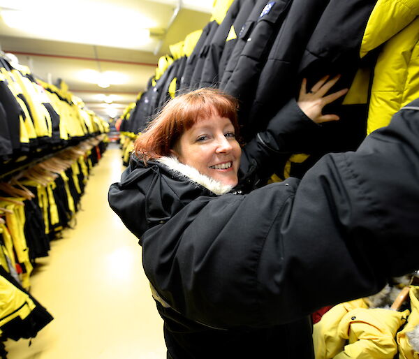 Jenny in the clothing store of the Antarctic Division.